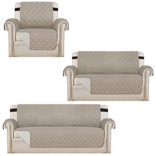 H.VERSAILTEX Reversible Sofa Cover Bundle Soft Loveseat Cover Bundle Chair Slipcover, Khaki/Beige