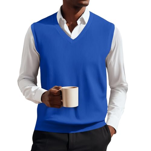 IAJDKMEK Sweater Vest Mens Mens Sweater Vests Casual Fall Sleeveless V Neck Knit Pullover Plus Size Loose Fit Business Formal Waistcoat Royal Blue Large