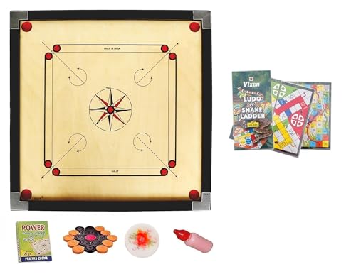 Image of WRF Superior Matte Finish Practice Carrom Board for Serious Professional Practice with Coins Striker and Powder Black New(32inch Carrom with Vixen Ludo VL-01)
