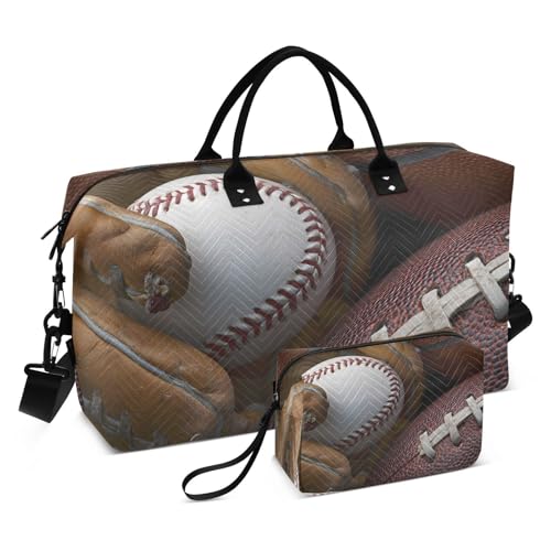 Retro Baseball Glove Football Basketball Large Travel Duffle Bag Weekender Overnight Bags Gym Yoga Bag for Women Men with Toiletry Bag