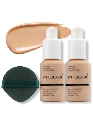PHOERA Base Maquillaje de Cobertura Total, Alta Cobertura, Resistente al Agua, Larga Duración, Oculta Imperfecciones para una Tez Suave (2 piezas 104)