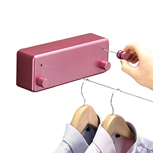 Image of Bakala Retractable Clothesline,Portable Travel Outdoor Indoor Clothesline Rope,Wall Mounted Space-Saver,Adjustable Stainless Steel Double Rope String,Clothes Drying Rack for Balcony,Bathroom(Pink)