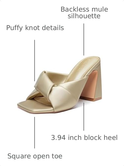 Image of Coutgo Womens Chunky Heeled Mules Puffy Knot Square Open Toe Slip On Sandals Summer Evening Party Prom Shoes