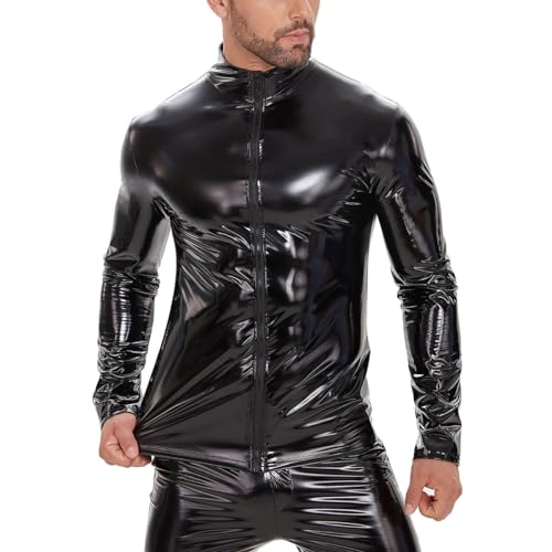 xokesy Camisa masculina de couro sexy, couro de PVC brilhante, plus size P-7GG, zíper completo, casa