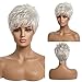 EMMOR Short Silver Grey Human Hair Wigs for Women Blend Pixie Cut Wig With Bang,Natural Daily Use Hair (Color 101#)