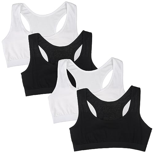 4er-Pack Sport BH für Mädchen, Bustier mit breitem Rücken, Baumwolle, Träger-Top für Kinder, Tweens & Teenager, Weiß-Schwarz