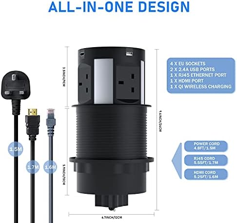 Automatic Pop Up Socket for Kitchen Worktops, Power Socket with Wireless Charging, Hidden Surge Protector Power Strip, Multi Plug Socket, 4UK Plug, 2 USB, 1RJ45 Port, 1 HDMI Port for Office and Home