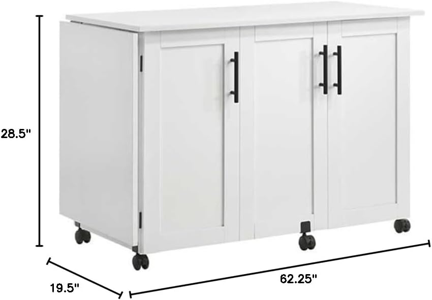 Pemberly Row White Rolling Kitchen Cart with Drop Leaf – Engineered Wood Storage Cart with Adjustable Shelves and Casters, 62.25" W x 19.5" D x 28.5" H