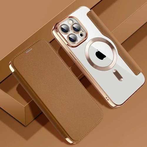 Protection de charge iPhone 17 Pro Max et 14 Plus, étui rabat cuir antichoc marron