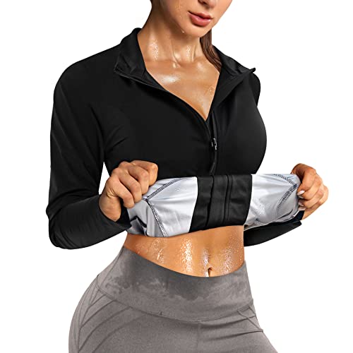 Nebility Women Waist Trainer Jacket Hot Sweat Shirt Weight Loss Sauna Suit Workout Body Shaper Fitness Top Long Sleeve (Large, Black Sauna Suit) #TOP24