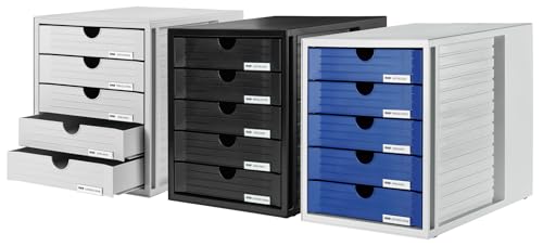 HAN Schubladenbox SYSTEMBOX mit 5 geschlossenen Schubladen für Unterlagen bis DIN C4, Schreibtisch oder im Schrank, inkl. Auszugsperre + Beschriftungsclip, möbelschonende Gummifüße, 1450-11, lichtgrau