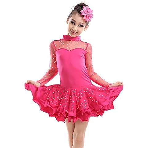 BOZEVON Kids Girls Sequined Latin Tango Ballroom Dance Dress Skirt Latin Costume Pink Cover