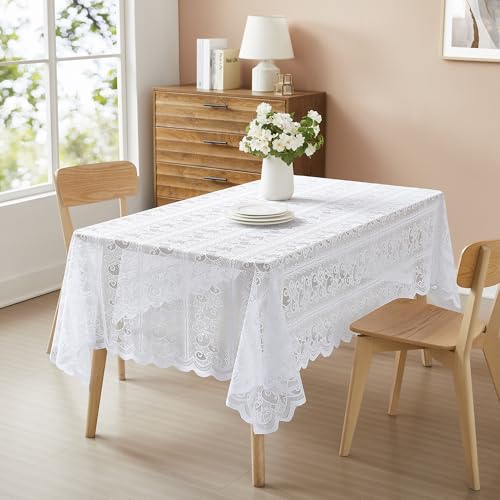 LinenZone 60 x 104 Inch Large Oblong Lace Tablecloth for 8 to 10 People. Vintage Floral Embroidered White Tablecloth with Scalloped Edge for Wedding, Parties, Holiday Dinner. (Riba 60 x 104, White)