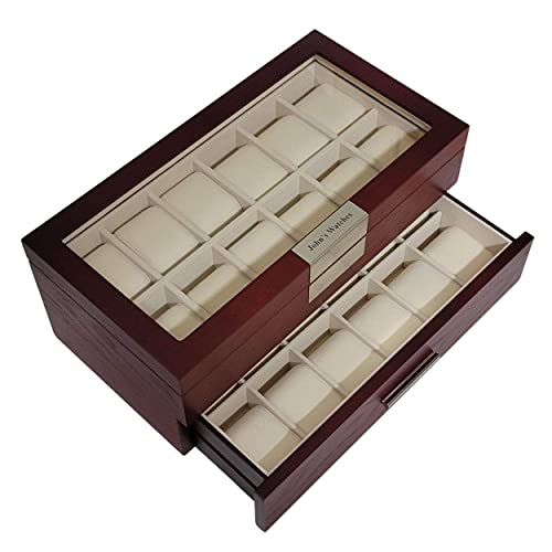 Timelybuys 24 Oversized Extra Large Personalized Cherry Wood Watch Box Display Case 2 Level Storage Jewelry Organizer With Glass Top For Luxury Big Face Watches #TOP24