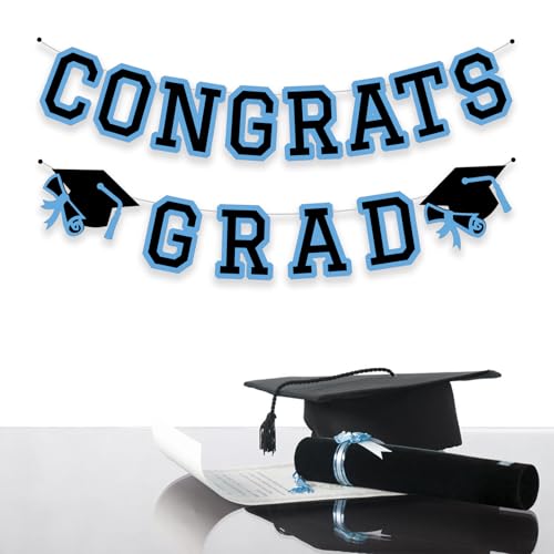 Image of Congrats Grad Banner Graduation Party Banner Decoration Hanging Garland High School College Backdrop Supplies Light Blue