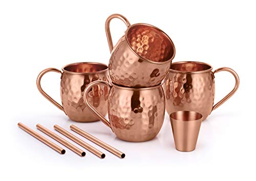 Avador Set of 4 Handcrafted 100% Pure Copper Moscow Mule Mugs Hammered Finish 16 Oz. Gift Set Boxed with Shot Glass, 4 Copper Straws and 1 Cleaning Brush