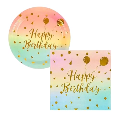 Happy Birthday Plates and Napkins Party Supplies, Polka Dot Gradient Colorful and Gold