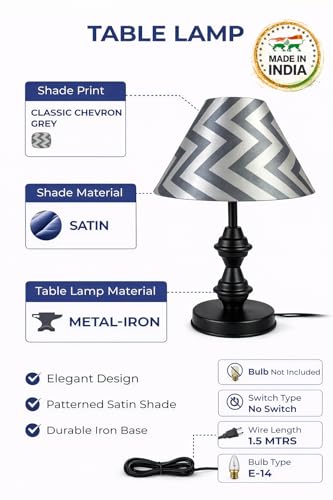 Image of tu casa Modern Table Lamp with Classic Chevron Grey Satin Shade | Metal Iron Base Decorative lamp for Living Room| Decorative Lighting for Living Room, Study, Designer Table Lamp for Gifting