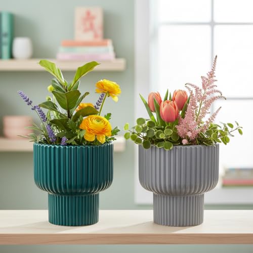 Image of Xtore Striking Ribbed Ceramic Planter Set for Indoor Plants | Contemporary Decorative Flower Pots for Living Room, Office Desk, Shelf & Tabletop Greenery (Set of 2, Teal Green & Grey, Planters only)