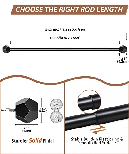 Tonial 3/4 Curtain Rods For Windows 48 To 86 (4-7.2Ft), 2 Pack Single Window Rods, Decorative Drapery Rod For Windows 36 To 82 Inch(3-6.8Ft) With Geometric Faceted Finial, Black #TOP7
