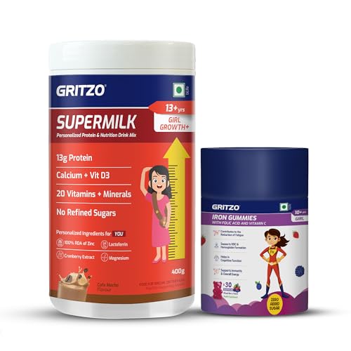 Image of Gritzo SuperMilk Growth+ (13+y Girls) (Cafe Mocha, 400g) with Iron Gummies (Mixed Berry Flavour, 30 Gummies) | Pack of 2