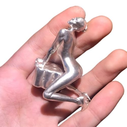 Statue miniature femme nue en métal argenté, figurine art corporel agenouillée en alliage