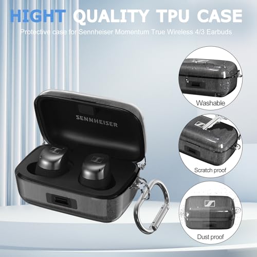 PUCGUE Clear Case for Sennheiser Momentum 4/3 Wireless Earbuds, Hard Shell TPU Case for Momentum True Wireless 4/3, Full-Body Anti-Scracth Protective Cover with Carabiner