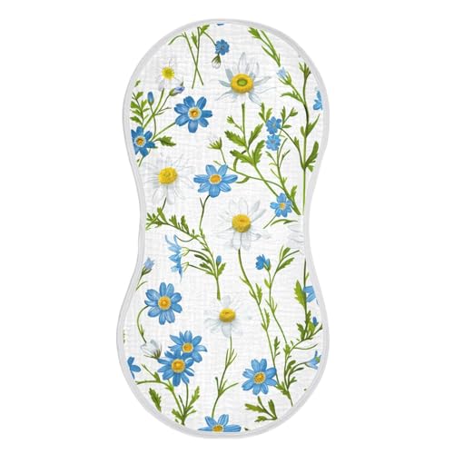 Daisies and Forgetmenots Muslin Burp Cloths 22x11 Inch - 4-Layer Organic Cotton & TPU Waterproof Lining, Absorbent Baby Bibs for Boys/Girls with Hanging Loop