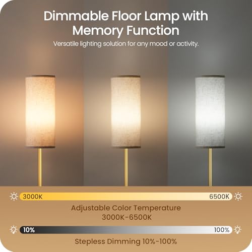 Image of Dimmable Floor Lamps for Living Room with Remote and Foot Switch, 64.4 inch Modern Standing Tall Lamp, Corner Lamp for Bedroom, Bulb Included, 3000K-6500K, White and Gold, FCC Listed DW06LD05W1