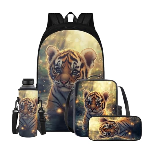 Cute Tiger Backpack for Girls Boys Backpack with Lunch Box Water Bottle Bag and Soft Pencil Pouch 4 PCS 17 inch Large Bookbag with Compartments Lightweight Elementary School Bag for Kids