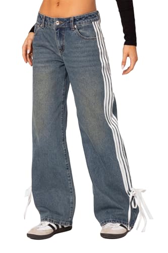 Qikaka Women's High Waist Boyfriend Denim Pants Side Striped Printed Straight Baggy Mom Streetwear Jeans