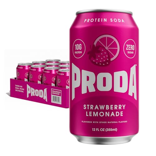 Proda Sparkling Protein Soda with 10g Protein, 0g Sugar, Low Calorie & Caffeine Free | Gluten Free, Non-GMO, Ready-to-Drink Clean Functional Beverage, 12 fl oz Cans (12 Pack) - Strawberry Lemonade