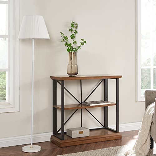 Image of Leick Home Finnick Mixed Metal Bookshelf, Wood, Gray Steel, 2 Shelves, Easy Assembly, Freestanding Bookcase for Living Room or Office, Industrial Design, 32 in W x 30 in H x 12 in D, Item 11832-WLGM