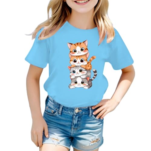 2025 - Camiseta de manga corta para niñas con cuello redondo y gráficos bonitos, camiseta de verano para niñas, azul, 11-12 años
