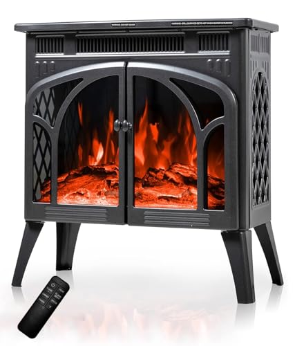 Electactic 24Inch Electric Fireplace Stove, Free-Standing Infrared Fireplace Stove, Controllable 3D Flame, 4 Variable Flame&Log Colors, 1500w, 5100BTU,TC(50℉-99℉), Grey,23.5" L X 10.7" W X 24.3" H
