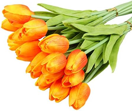 Vlovelife 20 Heads Artificial Flowers Tulip Orange Real Touch Tulips PU Fake Tulips Flowers Wedding Bouquets Flowers Arrangement Bouquet Home Room Centerpiece Party Wedding Decor