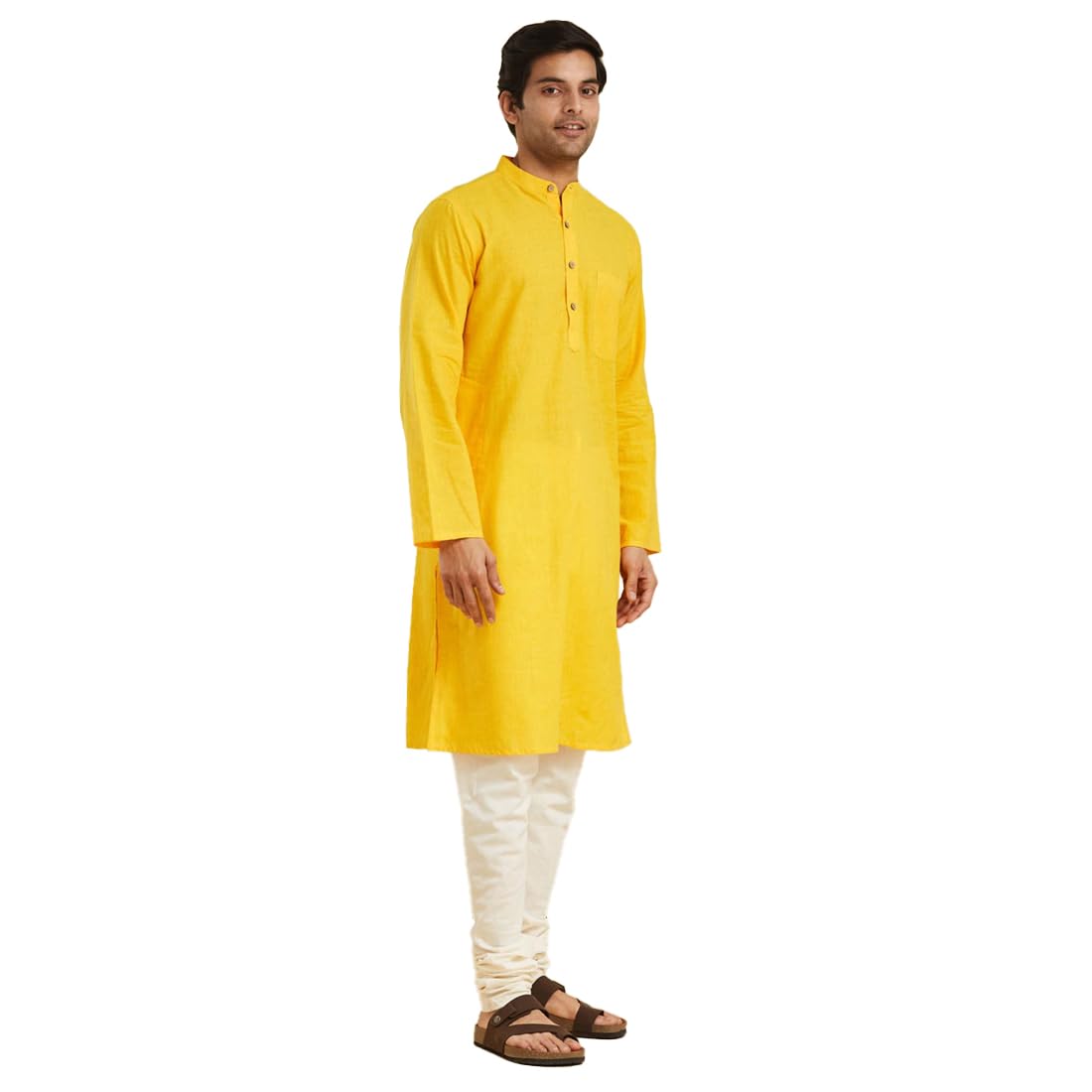 Yellow Cotton Slim Fit Long Kurta-image-18