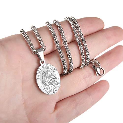 P. BLAKE Oval Saint Christopher/Michael/Joseph/Jude/Virgin Mary/Joseph/Francis/Patrick/Anthony/Benedict/Thomas Necklace for Men Women, Stainless Steel Catholic Patron Pendant with Chain 24 Inches