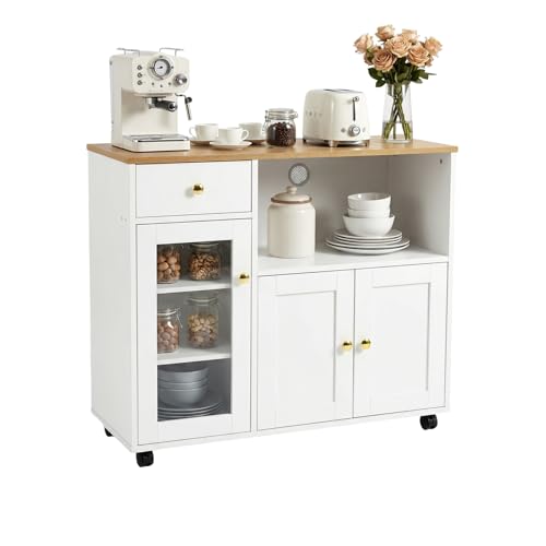 FURNITABLE Armario de Cocina con encimera, Armario de Buffet, aparador de Cocina con Estante para microondas, estantes Ajustables, para Cocina, Comedor, Sala de Estar, Color Blanco, 90 x 40 x 81,5 cm