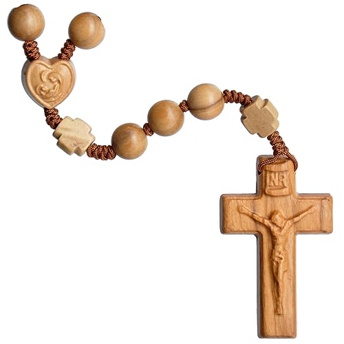 Sine Cera Olive Wood 5 Decade Catholic Rosary, Laser Cut Crucifix and Doube-sided Laser Engraved Centerpiece, Durable Corded Design 19