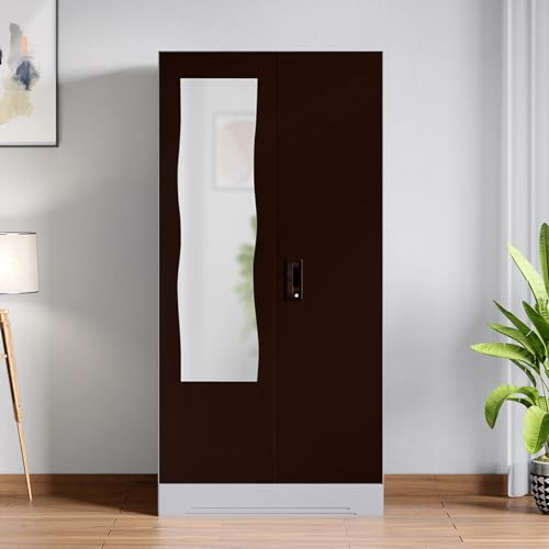Image of Interio by Godrej Almirah Slimline 2-Door Steel Almirah, Cupboard for Clothes (Russet), 1-Year Warranty, 1 Locker, 4 Shelves and Curvilinear Mirror