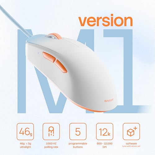 Image of Armor M1 Gaming Mouse Wired 12000 DPI | 46g Ultra Light Weight | 1000Hz Polling Rate | 5 Programmable Buttons with Software Support | Upto 20 Million Clicks | 1.8m Paracord Cable