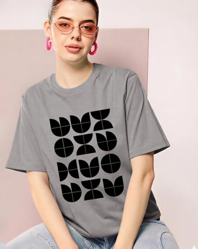 Image of Women's Typography Round Neck Cotton-Blend T-Shirts, Oversized Drop Shoulder Boho Style T-Shirt
