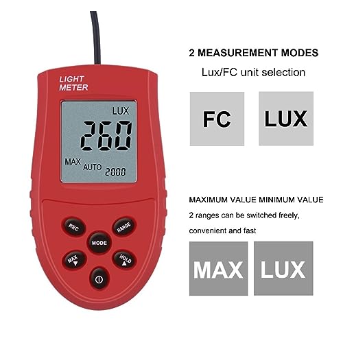 Luxómetro digital de 200000 lux con pantalla HD y fotómetro de tres rangos en lux y fc 2