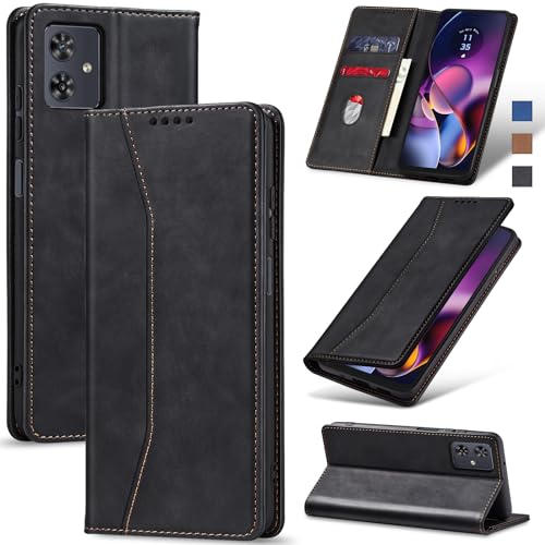 Image of Jasonyu PU Leather Book Type Flip Case with Cards and Wallet, Folding Stand, Magnetic Closure (Black) for Motorola Moto G54