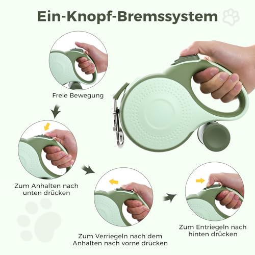 BMaobbo Einziehbare Hundeleine 8m, Rollleine mit bissfesten Stahlseil & Kottaschenhalter, Verhedderungsfreies Design, Schnellbremse & Anti-Rutsch Griff, für Hunde bis 50kg,für Training, Wald,Strand