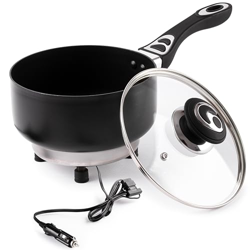 ZONETECH 12V SaucePan with Glass Lid Portable Non-Stick 2 Quart Pot Stay-Cool Handles
