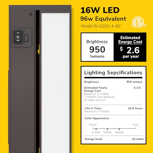 Image of GETINLIGHT 32-Inch Swivel LED Under Cabinet Light, 3-CCT Selectable, Bronze | Choose from 2700K, 4000K, or 5000K. Glass lens, wall-dimmer compatible. Model: IN-0202-4-BZ