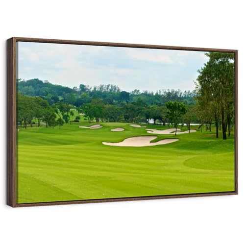 ElephantStock - Beautiful Golf Course Wall Art - Horizontal Floating Framed Canvas - Living Room Wall Decor - Photography Sports Framed Canvas Art - Green And Blue Decor - 46
