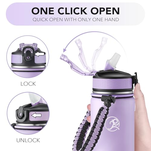 Image of GOSWAG 24oz Insulated Stainless Steel Travel Water Bottle, 2 Lids | with straw and no straw, Paracord handle, Double-wall vacuum keeps drinks cold or hot, Leakproof tumbler